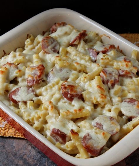 Smoked Sausage Alfredo Pasta Bake / myfindsonline.com Smoked Sausage And Pasta, Sausage Alfredo Pasta, Sausage And Pasta, Alfredo Pasta Bake, Sausage Alfredo, Turkey Sausage Recipes, Alfredo Bake, Smoked Sausage Recipes, Pasta Recipes Alfredo