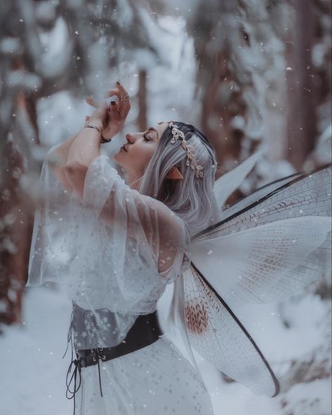 Fairy Winter Aesthetic Photoshoot, Photoshoot Winter, Winter Cosplay Ideas, Winter Fairy Costume Diy, Winter Themed Photoshoot, Snow Fairy Costume, Yule Photoshoot, Winter Poses, Winter Fairy Aesthetic