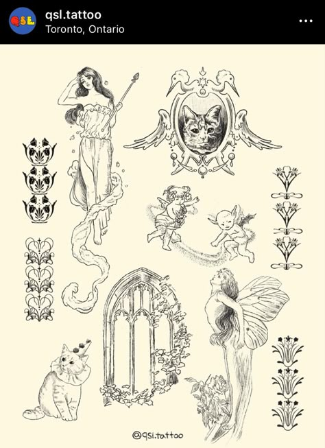 Vintage Art Tattoo Ideas, Folktale Tattoo, Victorian Style Tattoo Sleeve, Botanical Tattoo Flash, Love Witch Tattoo, Gothic Fine Line Tattoo, Whimsigoth Tattoos, Tattoo Styles Types Of, Victorian Tattoo Vintage