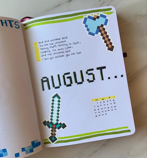 Minecraft Journal Ideas, Minecraft Scrapbook, Minecraft Journal, Christmas Bujo, August Bujo, 2024 Bujo, New Bullet Journal, Bujo Journal, Minecraft Theme