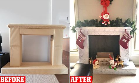 Pretend Fireplace For Christmas, Christmas Diy Fireplace, Homemade Fireplace, Festive Fireplace, Diy Christmas Fireplace, Cardboard Fireplace, Fake Fireplace, Diy Hack, Diy Santa