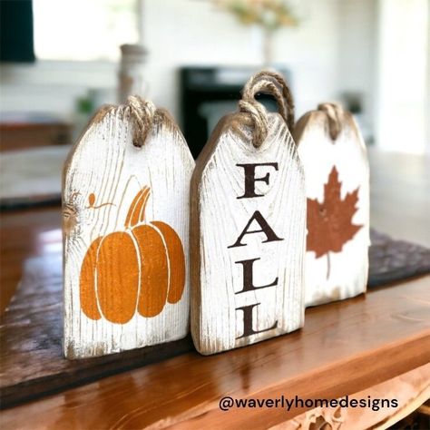 "Rustic Fall Tag Set  This is an ~Original Design~by Waverly Home Designs. Add them to your centerpiece, door, or wreath for your fall decor.  This listing is for a set of 3 tags.  If you would like more, select the quantity and add it to your cart. You can also contact me via Etsy Message for a specific amount. Dimensions are approximately 6 1/2\" H x 3 1/2\" W x 3/4\" thick 1 FALL tag 1 Leaf tag 1 Pumpkin tag These tags are very rustic and have a vintage distressed look-therefore the colors ar Scrap Wood Fall Decorations, Fall Tags Ideas, Decorating Wooden Gift Tags, Fall Door Tags Wooden, Fall Wood Plank Sign, Rustic Spring Decor, Harvest Sign, Sugar Beet, Sunflower Crafts