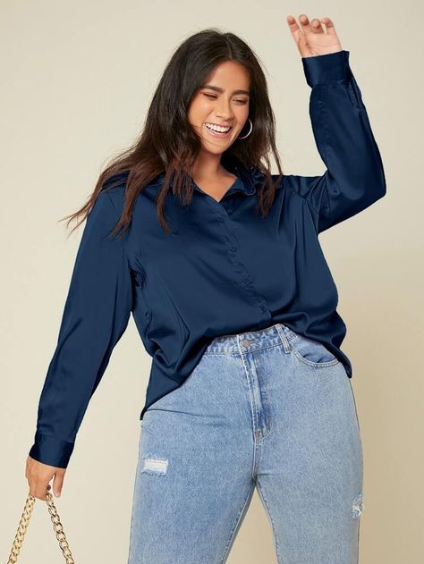 SHEIN Unity Plus Solid Button Up Satin Shirt | SHEIN USA Navy Blue Satin Shirt Outfit, Hijab Plus Size, Blue Blouse Outfit, Classy Plus Size Outfits, Satin Shirt Outfit, Winter Fasion, Satin Blouse Outfit, Blue Oxford Shirt, Shein Basics