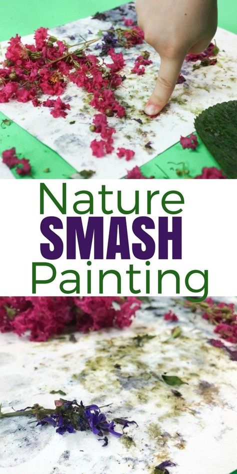 This smash painting process art activity combines nature with art, all while providing kids with a satisfying sensory and gross motor experience! Nature is full of color, and with a little bit of work, kids can extract the color and transfer it to paper. Using items found outside, this nature smash painting creates some beautiful … Smash Painting, Process Art For Kids, Nature Lessons, Forest School Activities, Nature Projects, Sensory Art, Nature School, Messy Art, Art Lessons For Kids