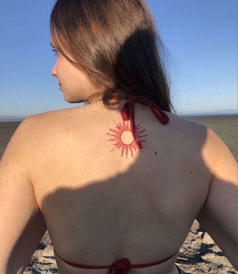 Red Sun Shoulder Tattoo, Red Ink Sun Tattoo, Red Shoulder Tattoo, Red Sun Tattoo, Red Ink Tattoo, Red Ink Tattoos, Sun Tattoos, Red Tattoos, Sun Tattoo