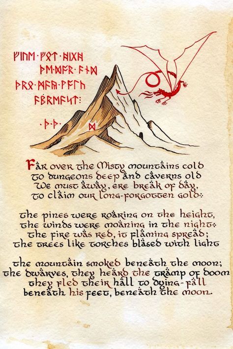 Far over the Misty Mountains cold To dungeons deep and caverns old We must away,’ere break of day. To find our long forgotten gold. The pines were roaring on the height, The winds were moaning in the night. The fire was red, it flaming spread; The trees like torches blazed with light. The Hobbit movie. Song of the Lonely Mountain by @mechkivskiy #calligraphy #tolkien #tolkiencalligraphy #mechkivskiy #erebor #smaug #jrrt #hobbit #lonelymountain #dwarf #ink #dragon #faroverthemistymountainscold Ink Dragon, The Lonely Mountain, The Misty Mountains Cold, Lonely Mountain, Tolkien Hobbit, Break Of Day, Tolkien Books, The Hobbit Movies, Dark Creatures