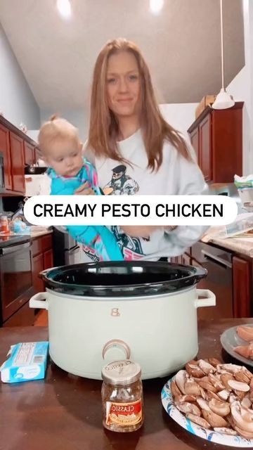 Pesto Cream Cheese Chicken Crockpot, Chicken Pesto Cream Cheese, Creamy Pesto Chicken Crockpot, Pesto Chicken Crockpot, Slow Cooker Chicken Mushroom, Crockpot Pesto Chicken, Pesto Mozzarella Chicken, Creamy Pesto Chicken, Cream Of Mushroom Chicken