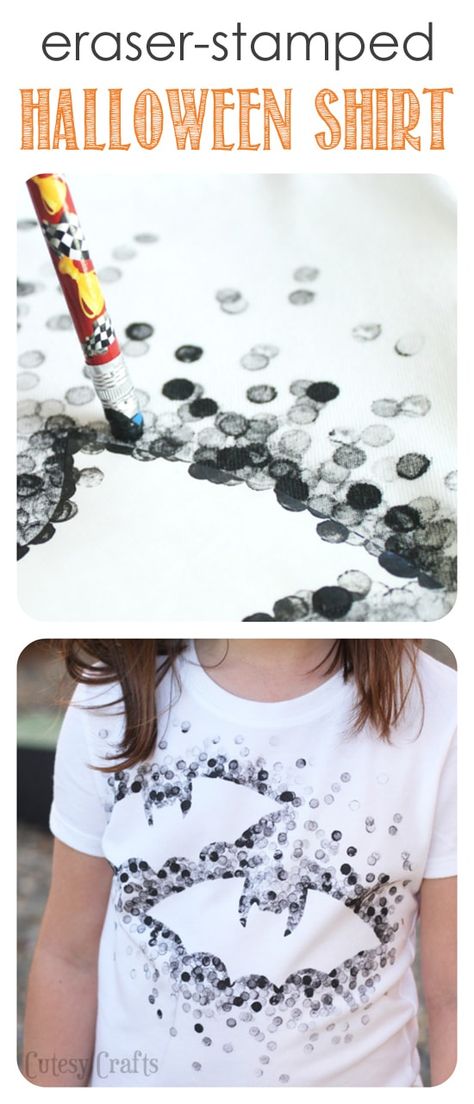 Eraser-Stamped Halloween Shirt - Made with Freezer Paper and a pencil eraser! Eraser Stamp, Mason Jar Crafts Diy, Freezer Paper, Pencil Eraser, Theme Halloween, A Pencil, Fete Halloween, Diy Shirt, Holiday Shirts