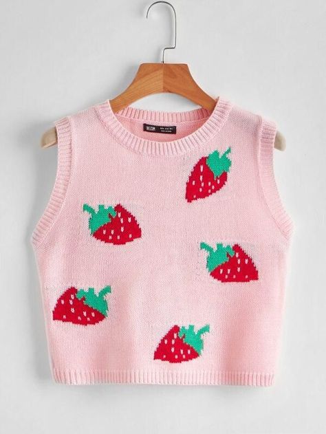 92af93f73faf3cefc129b6bc55a748a9desc53000033ri Pattern Sweater Vest, Knitwear Trends, Strawberry Pattern, Spring Fits, Sweater Vest Women, Chic Sweaters, Pattern Sweater, Cropped Cardigan, Crop Shirt