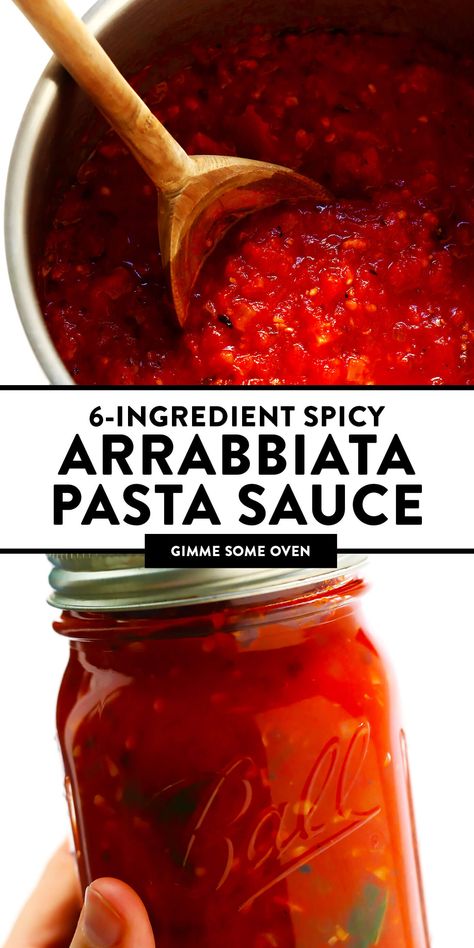 This Spicy Arrabbiata Sauce recipe is a classic Italian marinara made simply with canned tomatoes, garlic, onion, basil, olive oil (or butter), and a generous spoonful of crushed red pepper flakes -- and it is DELICIOUS. Perfect for pasta, gnocchi, pizza, subs or using as a dipping sauce. | gimmesomeoven.com #italian #marinara #tomato #sauce #spicy #pasta #dinner #dipping #healthy Spicy Pasta Sauce, Arrabiata Sauce, Arrabbiata Sauce, Pasta Gnocchi, Pizza Subs, Basil Olive Oil, Spicy Pasta, Canned Tomatoes, Italian Sauce