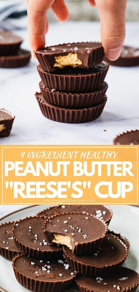 Healthy Peanut Butter Cups | Homemade Healthy Peanut Butter Cups with just 4 simple ingredients! This recipe is refined sugar-free, vegan, and can be easily made paleo too. This peanut butter cup recipe is so easy to make and way better than Reese’s Peanut butter cup. If you ask me. Now load up on these peanut butter chocolate heaven in a cup! |#peanutbuttercup #vegandessert #refinedsugarfree #healthyrecipe #peanutbutterchocolate Peanut Butter Cups Homemade, Healthy Chocolate Desserts, Healthy Peanut Butter Cups, Peanut Butter Cups Recipe, Homemade Peanut Butter Cups, Peanut Butter Cup Cookies, Sugar Free Vegan, Chocolate Peanut Butter Cups, Vegan Peanut Butter