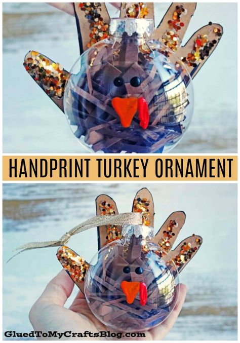 Handprint Turkey Ornament - Thanksgiving Kid Craft Keepsake Idea Turkey Ornament Craft, Thanksgiving Craft Keepsakes, Turkey Ornaments Diy, Thanksgiving Daycare, Ornament Favors, Handprint Turkey, Thanksgiving Kids Table, Turkey Handprint, Thanksgiving Craft