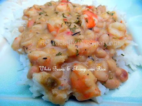 Fleur de Lolly: White Beans with Shrimp over Rice Louisiana White Beans, Shrimp And White Beans, White Beans And Shrimp, South Louisiana Recipes, Cold Weather Comfort Food, Shrimp And Rice, Pescatarian Recipes, Delicacy Food, Louisiana Recipes