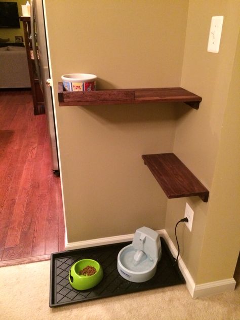 Our cat & dog feeding area. It was easy to build and is working perfectly. We used a few old Ikea shelves we had sitting around, some 1" x 2" wood and some leftover wood stain. Nook Shelves, Cat Feeding Shelf, Cat Food Station, Wall Nook, Corner Shelf Ideas, Cat Feeding Station, Chat Diy, Cat Illnesses, Floating Corner Shelves