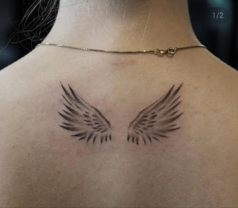 Wings Back Of Neck Tattoo, Angel Wing Back Tattoo, Angel Wings Back Tattoo, Wings Back Tattoo, Wing Neck Tattoo, Angel Wings Tattoo On Back, Angel Wings On Back, Pippa Fitz Amobi, Angel Wing Tattoo