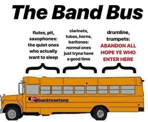 Me and my clarinet friend sat in the back once... im never going to sit back there again... I Want Sleep, Band Bus, Funny Band Jokes, Band Puns, Musician Jokes, Marching Band Jokes, Marching Band Memes, Band Problems, Musician Humor