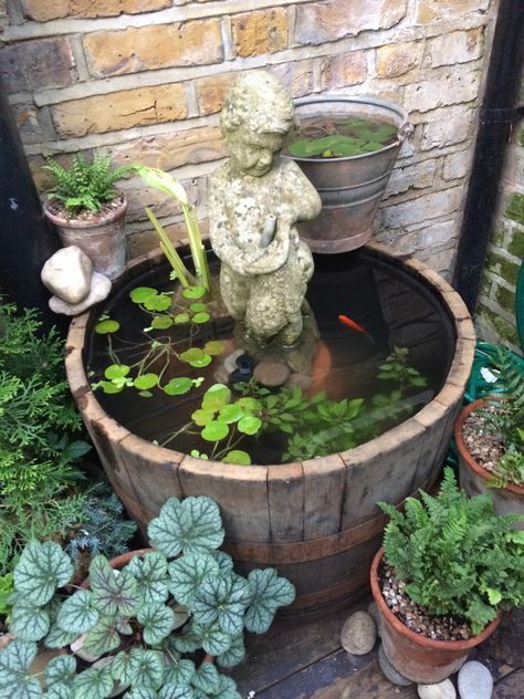 Half barrel pond with goldfish Pond Planter Ideas, Wine Barrel Fish Pond, Half Barrel Pond, Wine Barrel Pond, Whiskey Barrel Pond, Barrel Pond Ideas, Barrel Fish Pond, Small Fish Pond Ideas, Outdoor Goldfish Pond