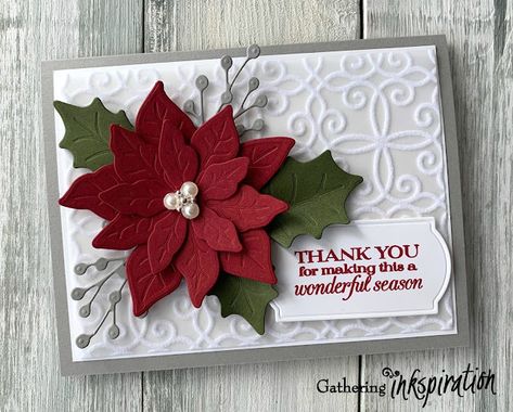 Gathering Inkspiration: Facebook Friday - The Poinsettia Place Suite Su Poinsettia Petals Cards, Poinsettia Dies, Christmas Flower Cards, Greeting Card Ideas, Stampin Up Weihnachten, Stamping Crafts, Friday Video, Christmas Greetings Cards, Poinsettia Cards