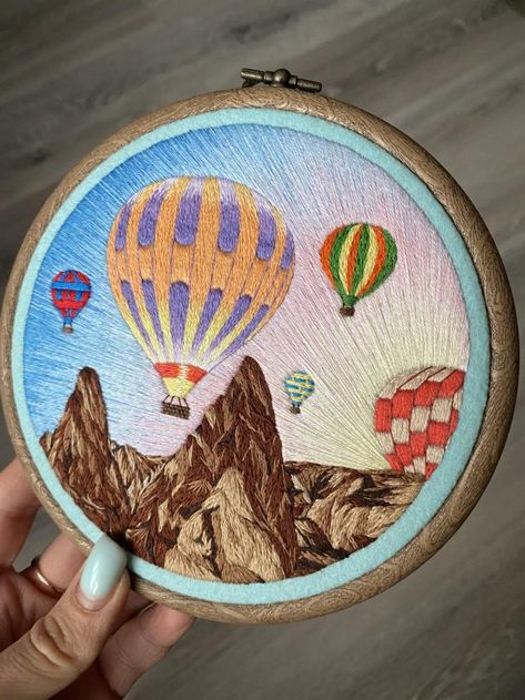 Hot Air Balloon Embroidery, Air Balloon Embroidery, Balloon Embroidery, Air Ballons, Landscape Embroidery, Embroidery Crafts, Pastel Clouds, Hot Sweater, Needlework Crafts