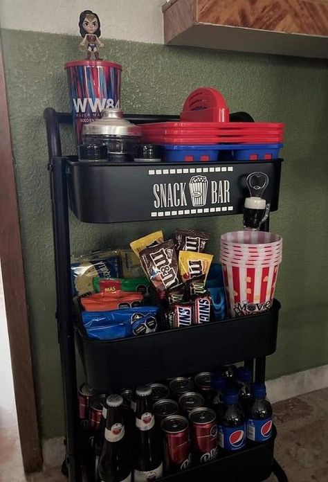 Viral Baby Products Home Popcorn Bar, Movie Night Station, Movie Theater Ideas At Home, Gaming Room Snack Bar, Snack Station Basement, Movie Snack Station, Diy Movie Theater Snack Bar, Home Theatre Snack Station, Theatre Room Snack Bar