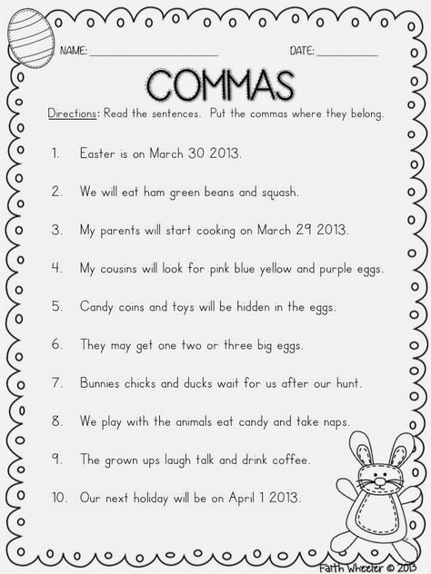 Easter Freebies (Includes place value, commas, etc.) Grade Five English Worksheets, Comma Worksheets, 5th Grade Language Arts, Punctuation Worksheets, 5th Grade Ela, 1st Grade Math Worksheets, English Grammar Worksheets, English Phonics, Teacher's Blog