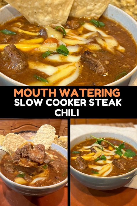 Craving a hearty, comforting meal? This Slow Cooker Steak Chili recipe is the perfect solution! Tender chunks of steak simmer slowly in a rich, flavorful sauce packed with spices, beans, and tomatoes, creating a savory chili that's perfect for cozy nights or game day gatherings. Easy to prepare, just set it and forget it. Let your slow cooker do the work, and enjoy a delicious, satisfying dinner that's sure to warm you up! Steak Chili Recipe Crockpot, Slow Cooker Steak Chili Recipe, Slow Cooker Steak Chili, Chili Ideas, Steak Chili Recipe, Hotel Meals, Steak Chili, Bariatric Meals, Beans And Tomatoes