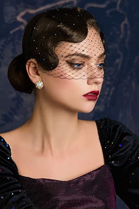 1920s Makeup Tutorial, Black Birdcage Veils, Wedding Veil Blusher, Cheap Wedding Veil, Rhinestone Veil, Veil Blusher, 1920s Makeup, Hair Fair, Veil Headpiece