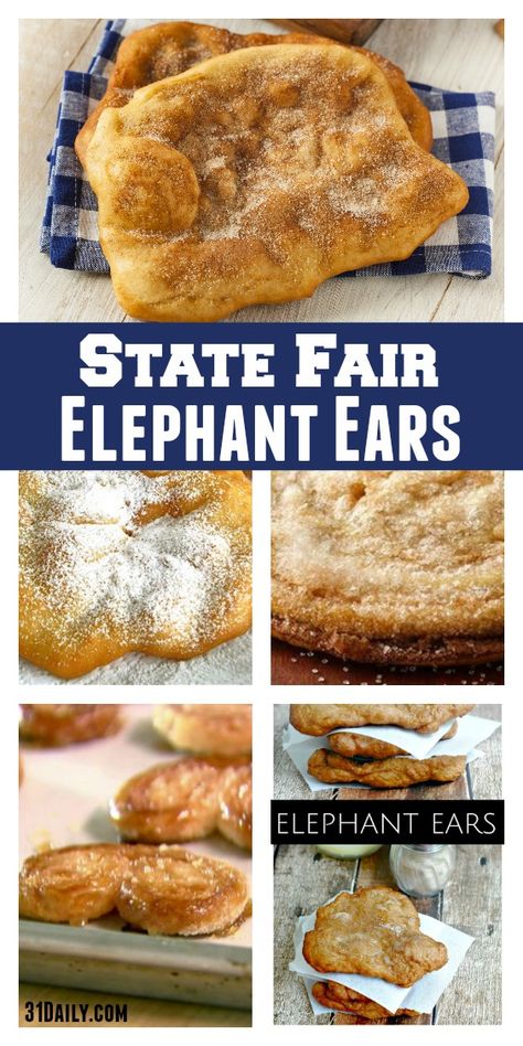 SF-ElephantEars Elephant Ear Recipe, Carnival Eats Recipes, Elephant Ears Recipe, State Fair Food, Carnival Food, Fair Food, Funnel Cake, Elephant Ears, Fair Food Recipes