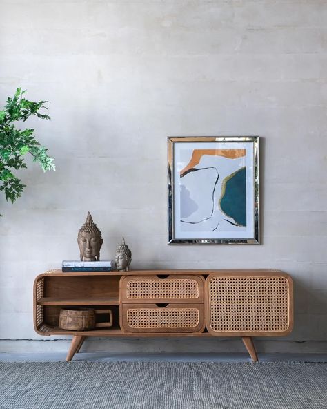 Shop our new Tectona Collection. Minimalist modern retro-inspired wood furniture pieces. #rattan #livingroomdecor #midcenturymodern Teak Tv Stand, Modern Cottage Homes, Teak Cabinet, Tv Stand Sideboard, Rattan Storage, Cabinet Modern, Storage Console, Living Room Entertainment, Kids Dressers