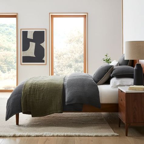 Up to 50% off Holiday Bedding & Throws | West Elm West Elm Bedroom, Masculine Bedding, Large Duvet Covers, Holiday Bed, Jersey Bedding, West Elm Bedding, Blue Bed, Cotton Clouds, Linen Layers