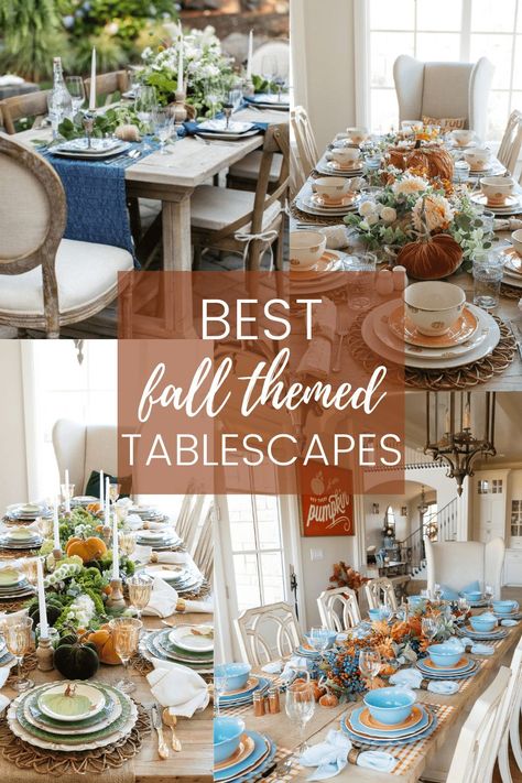 Click here to see this fall tablescape on Home with Holly J! See these nice table settings for your thanksgiving tablescapes. Inspire your fall tablescapes simple with these fall tablescapes thanksgiving centerpieces. Festive thanksgiving table decorations Fall Tablescapes Autumn Centerpieces, Fall Tablescapes Elegant, Themed Tablescapes, Fall Tablescape Ideas, Pumpkin Tablescape, Tablescape Ideas, Tablescape Inspiration, Fall Table Settings, Thanksgiving Table Settings