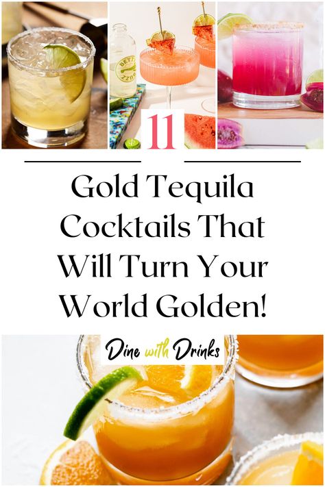 Collage of 4 gold tequila cocktails. Gold Margarita Recipe, Jose Cuervo Gold Drinks Recipes, Gold Tequila Drinks, Jose Cuervo Drinks Recipes, Gold Tequila Cocktails, Jose Cuervo Drinks, French Press Cocktails, Tequila Sangria, Margarita Night