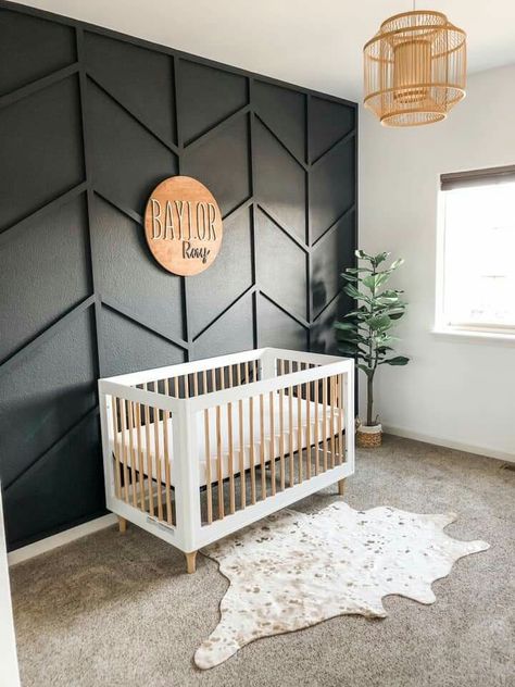 Black Wall In Nursery, Charcoal Accent Wall Nursery, Feature Wall In Nursery, Modern Black Nursery, Accent Walls For Nursery, Dark Grey Accent Wall Nursery, Modern Nursery Black Crib, Accent Wall Baby Boy Nursery, Black Wall Nursery Boy