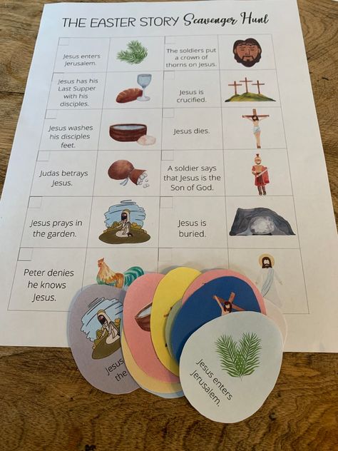 Easter Story Scavenger Hunt, Christ Centered Easter Egg Hunt, Christian Easter Activities For Kids, Resurrection Scavenger Hunt, Christian Easter Egg Hunt Ideas, Easter Christian Crafts, Christian Easter Crafts For Kids, Christian Easter Games, Christian Easter Egg Hunt