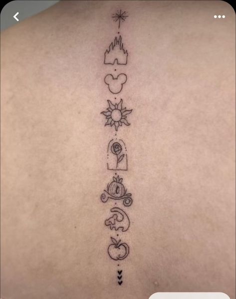 Mini Tinkerbell Tattoo, Tiny Cinderella Tattoo, Disney Line Work Tattoo, Stitch And Tinkerbell Tattoo, Beauty And The Beast Spine Tattoo, Minnie Mouse Tattoo For Women, Matching Disney Tattoos Sisters, Disney Icon Tattoo, Disney Spine Tattoos For Women