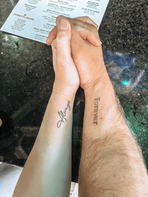 Married Tattoos Unique, Couples Pinky Promise Tattoo, Couples Tattoos Always And Forever, Husband And Wide Tattoos, Forever And Always Couple Tattoos, Pinky Promise Tattoos For Women, Grow Together Tattoo, Always Couple Tattoo, All Of Me Loves All Of You Tattoo