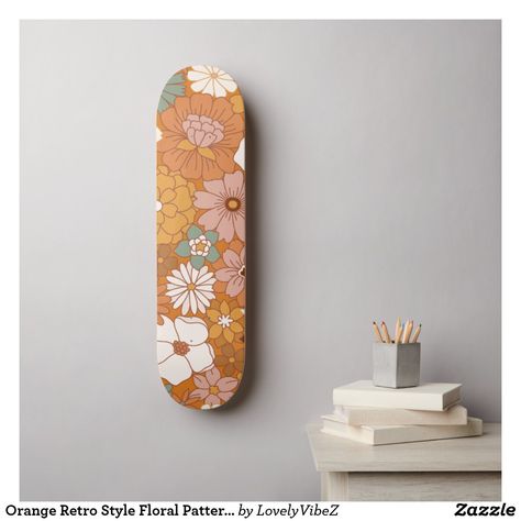 Orange Retro Style Floral Pattern Hippie Boho 70s Skateboard Skater Living Room, Skateboard Inspiration, Surf Board Ideas, Skate Board Designs, Skateboard Design Ideas, Skateboard Painting, Surfboard Art Design, Painted Skateboard, Best Skateboard