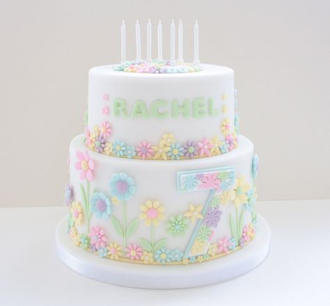 7th birthday cake for my daughter. Simple design with cut out flowers in pastel colours. Birthday Cake Girls Kids, Birthday Cakes Girls Kids, Flowers Birthday Cake, 7th Birthday Cakes, Ideas For Flowers, Birthday Cake With Flowers, Cake Flower, 1st Birthday Cakes