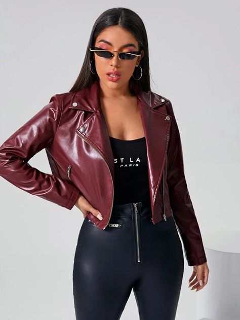 Zip Up PU Leather Moto Jacket | SHEIN USA Leather Skort, Womens Moto Jacket, Biker Babe, Jacket Collar, Burgundy Shorts, Womens Biker Jacket, Faux Leather Biker Jacket, Micro Mini Skirt, Leather Biker Jacket