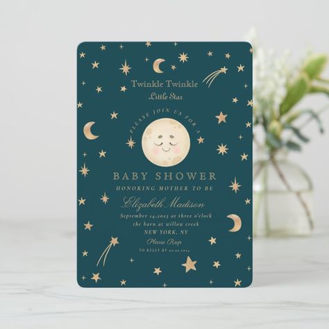 Moon Baby Shower Invitation, Star Baby Shower Invitations, Moon Baby Shower, Moon Baby, Stars Moon, Good Night Moon, Foil Invitations, Star Baby Showers, Golden Star