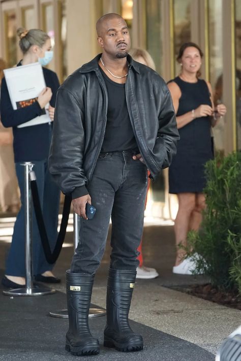 Chaney Jones, Balenciaga Leather Jacket, Kanye West Outfits, Kanye Fashion, Workwear Boots, Yeezy Outfit, Balenciaga Leather, Instagram Jewelry, Best Mens Fashion