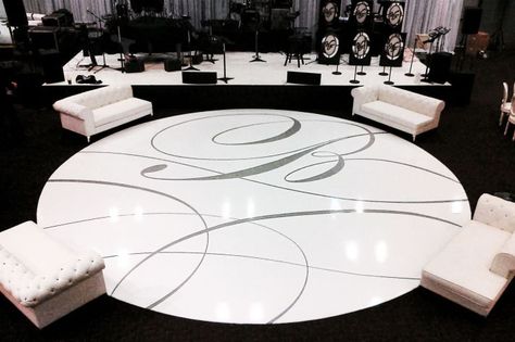 Custom wedding dance floor with monogram Wedding Dance Floors, Wedding Reception Dance Floor, Circle Dance, Floor Inspiration, Grey Circle, Traditional Monogram, White Dance, Floor Decals, Custom Wedding Monogram