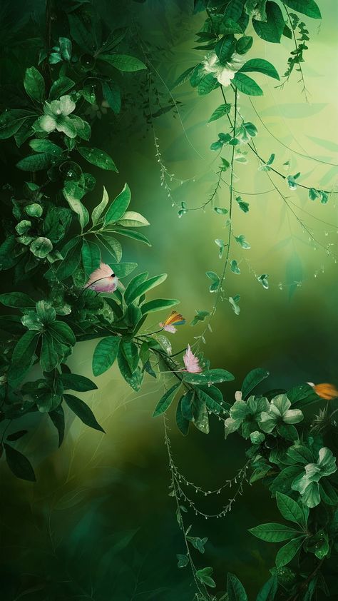 Explore a tranquil green wallpaper featuring lush foliage, delicate vines, and pastel butterflies. Perfect for a calming aesthetic. #Wallpaper #Nature #Aesthetic Calming Aesthetic Wallpaper, Bleach Jacket, Vines Aesthetic, Aesthetic Wallpaper Nature, Serenity Wallpaper, Murals Ideas, Greenery Wallpaper, Calming Aesthetic, Pastel Butterflies