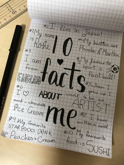 10 Facts about me! Things To Write In Your Diary About Your Crush, Quotes To Put In Your Sketchbook, 10 Facts About Me Template, About Me In Journal, Me In 50 Words, Diary About Me Page, About Me Page Ideas, Facts About Me Template, All About Me Journal Ideas