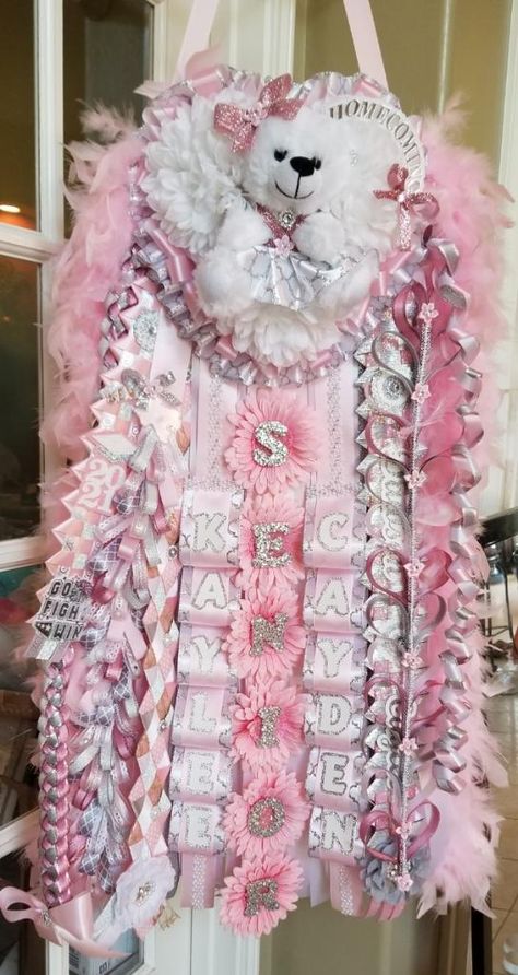 Pink Homecoming Outfit, Mum Homecoming Ideas Pink, Pink And White Hoco Mum, Pink And White Senior Mum, Senior Hoco Mums Pink, Pink And White Mums Homecoming, Pink And Silver Homecoming Mum, Homecoming Mums Ideas Unique 2023, Pink And White Homecoming Mum