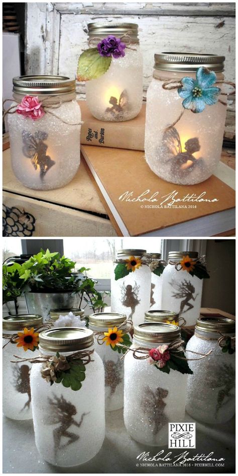 ia Pixie Hill  You will love the orange and yellow flames that dance behind the fairy cutouts. We first discovered this gorgeous idea on Pixie Hill. We have included Fairy Jar Lanterns, Fairy Cutouts, Toples Kaca, Fairy Lanterns, Fairy Jars, Jar Lanterns, Diy Jar Crafts, Mason Jar Crafts Diy, Navidad Diy