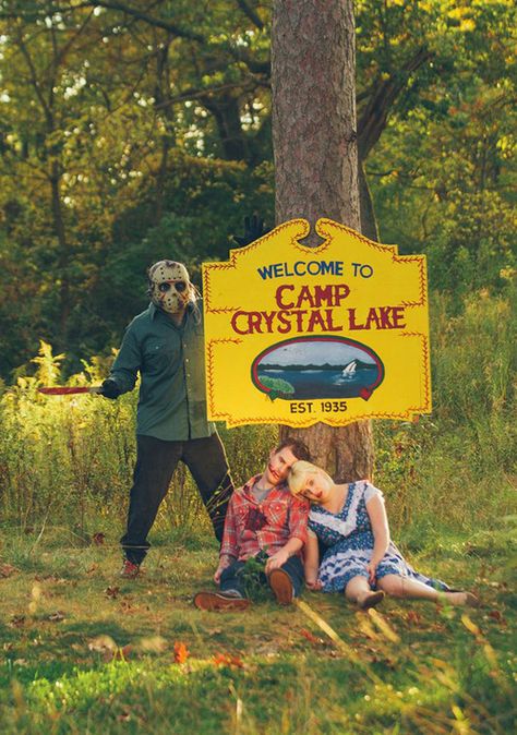 welcome to camp, crystal lake Bff Wedding, Themed Engagement Photos, Halloween Camping, Camp Crystal Lake, Jason Vorhees, Fun Engagement Photos, Halloween Photography, Halloween Photoshoot, Movie Party