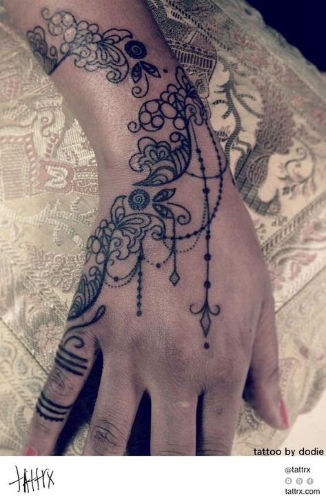 Hand Tattoos Cover Up Lace Hand Tattoo, Black Lace Tattoo, Lace Tattoo Design, French Tattoo, Hand And Finger Tattoos, Geniale Tattoos, Lace Tattoo, Tattoo Bracelet, Elephant Tattoos