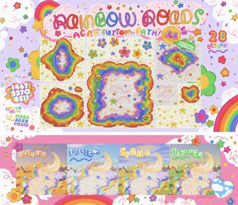 Acnh Rainbow Path Code, Acnh Island Designs Kidcore, Kidcore Aesthetic Animal Crossing, Rainbow Acnh Island, Anch Kidcore Codes, Acnh Kidcore Custom Designs, Y2k Acnh Codes, Acnh Paths Designs Kidcore, Animal Crossing Kidcore Path