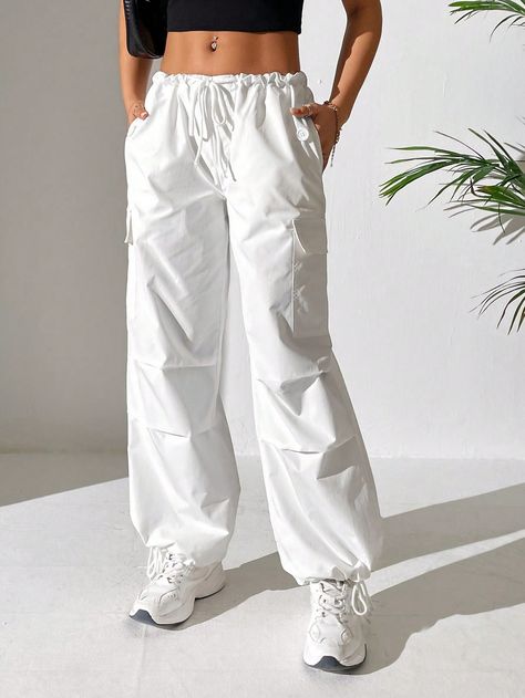 SHEIN PETITE Drawstring Waist Flap Pocket Side Parachute Cargo PantsI discovered amazing products on SHEIN.com, come check them out! Parachute Cargo Pants, Parachute Cargo, White Cargo Pants, Comfy Pants, Women Pants, Cargo Pants Women, Cargo Trousers, White Pants, White Casual